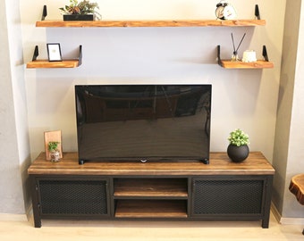 Industrial Design Wood and Steel Tv Unit - Mass / Solid Wood and Metal Media Console / Loft Style Tv Stand / Entartainment Center