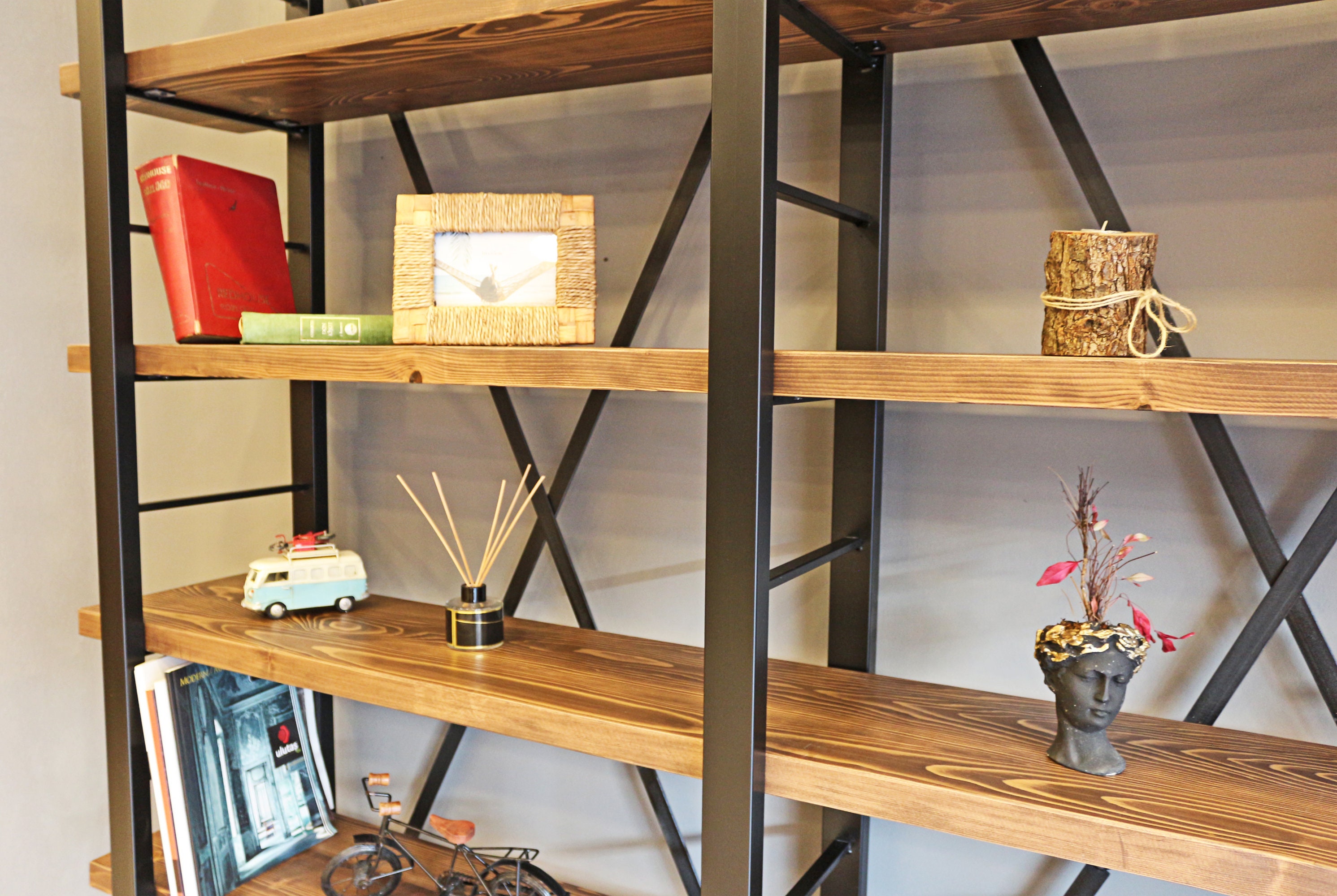 Solid Wood and Metal Bookshelf Timber X Handmade Decorative