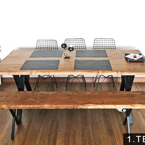 Teak color solid wood dining table with bench