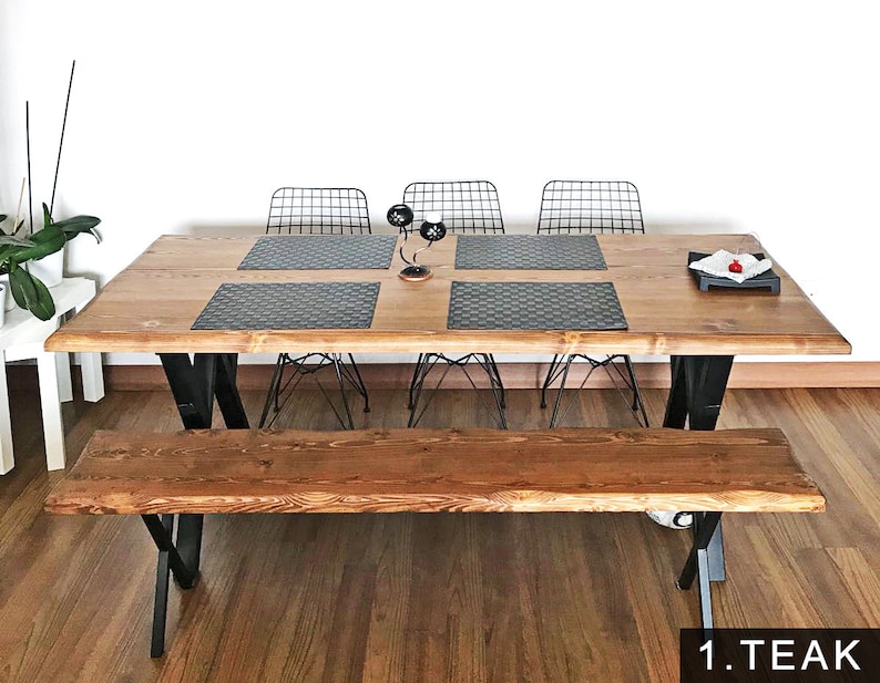 Teak color solid wood dining table with bench