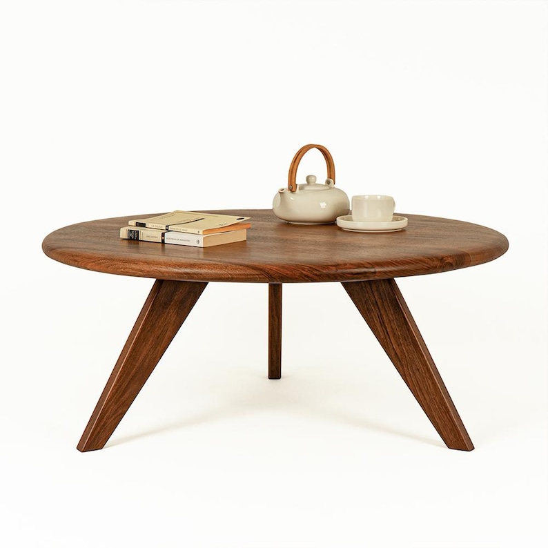 Round Wood Walnut Coffee Table – Handmade Solid Wooden Japandi Mid Century Living Room Table image 8
