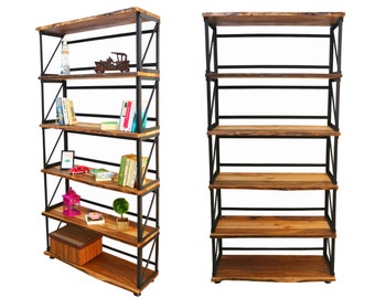 Librería de madera de nogal -Band / Librería de madera maciza y acero / Librería estilo loft / Librería de diseño industrial