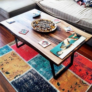 Black Walnut Wood Coffee Table - Alaca , Solid Wood and Metal Legs Coffee Table , Rustic Coffee Table , Farmhouse Coffee Table