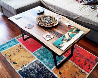Black Walnut Wood Coffee Table - Alaca , Solid Wood and Metal Legs Coffee Table , Rustic Coffee Table , Farmhouse Coffee Table