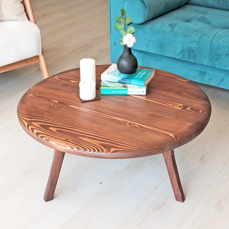 Solid Wood Round Coffee Table , Custom Unique Coffee Table , Mid Century Modern Sofa Table image 4