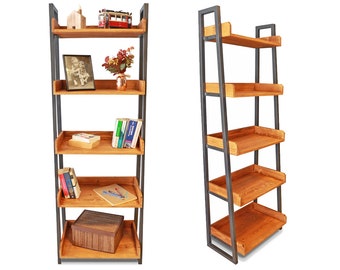 Rustic Wood Ladder Bookshelf - Tempo / Solid Wood and Metal Design Bookcase / Decorative Display Shelf and Storage Stand
