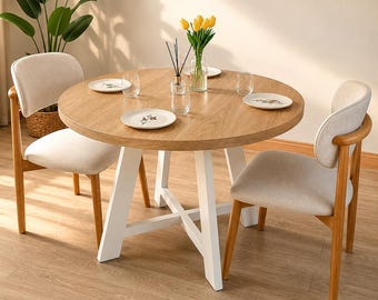 Round Oak Dining Table : White Wooden Kitchen Table , Modern Farmhouse Style