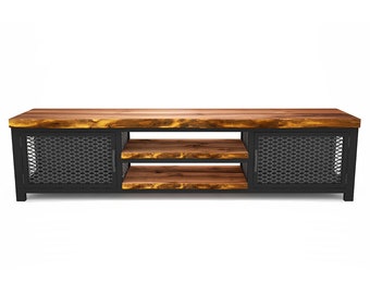 Mueble de TV industrial hecho a mano: consola multimedia de acero y madera maciza/masa/soporte de TV de estilo rústico/consola de TV rústica
