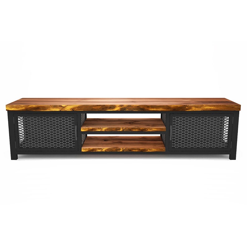 May include: A black metal TV stand with two mesh doors and two shelves. The top of the stand is made of a natural wood slab.