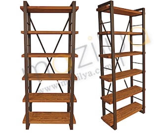 Solid Wood Vintage Bookcase - Timber / Natural Wooden and Metal Bookshelf / Industrial Style Bookshelf / Rustic Wood and Steel Loft Style