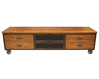 Mueble de TV de madera maciza y metal - Consola multimedia de madera y acero natural / urbana / Unidad de TV de estilo industrial / Centro de entretenimiento estilo loft