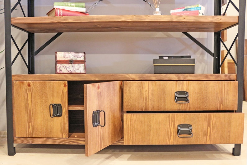 Industrial Bookcase With Doors and Drawers Cross X / Wooden Etsy