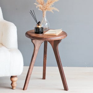 Mid Century Round Side Table , Walnut Wood End Table , Unique Bedside Table , Small Coffee Table