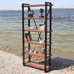 Rustic Wood  Bookcase - Timber / Solid Wooden with Metal Racks Bookshelf / Loft and Industrial Style Bookcase / Custom Design Bookshelf
