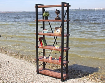 Rustic Wood  Bookcase - Timber / Solid Wooden with Metal Racks Bookshelf / Loft and Industrial Style Bookcase / Custom Design Bookshelf