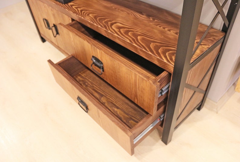 Industrial Bookcase With Doors and Drawers Cross X / Wooden Etsy