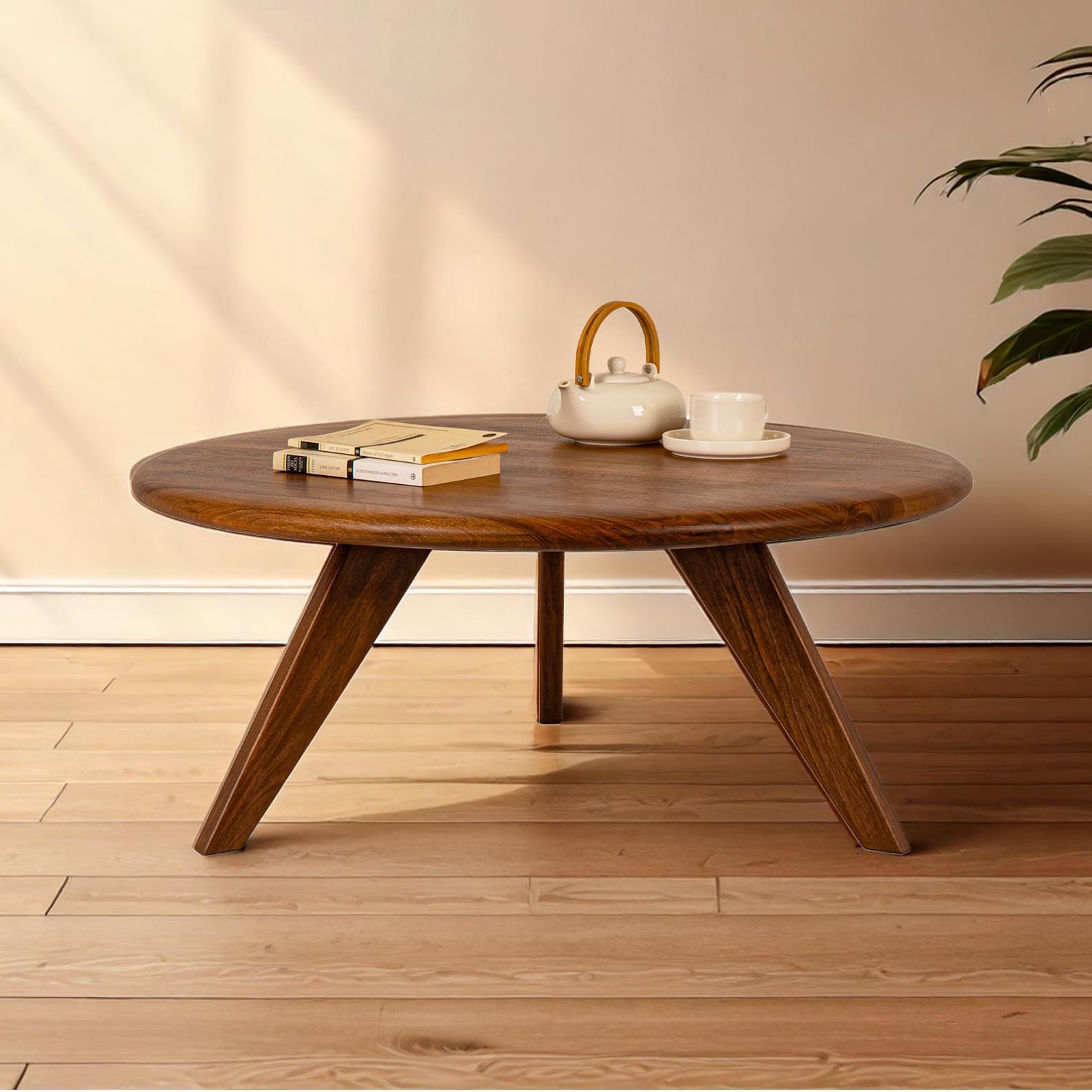 Round walnut handmade Japandi coffee table compact footprint