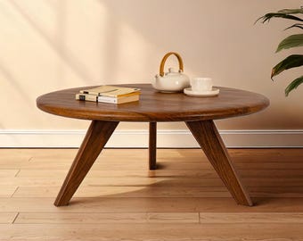 Round Wood Walnut Coffee Table – Handmade Japandi Mid Century Living Room Table