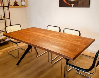 Mesa de comedor y banco con patas de metal/mesa de comedor de madera maciza/mesa de cocina de granja