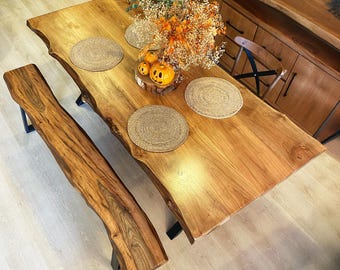 Walnut Live Edge Table , Solid Wood Dining Table with Metal Legs , Modern Farmhouse Furniture