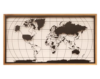 World Map Wall Decor with Wood Frame  / Laser Cut Metal Wall Art / Decorative Wood and Metal Wall Hanging