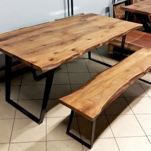 Walnut Wood Live Edge Dining Table and Bench Handcrafted , Solid Wooden Dine Table , Rustic Farmhouse Kitchen Table image 6