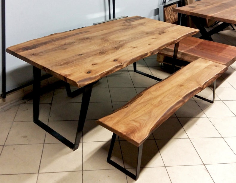 Walnut Wood Live Edge Dining Table and Bench Handcrafted , Solid Wooden Dine Table , Rustic Farmhouse Kitchen Table image 6