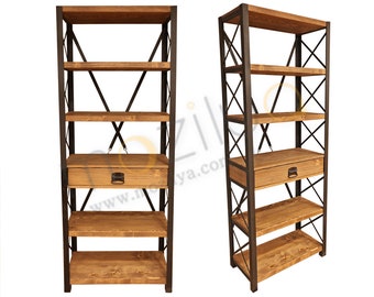 Bookshelf With Drawers Locke / Solid Wood and Metal Bookcase / Loft Style Wooden Bookcase / Industrial Design Book Display / Wood Bookshelf