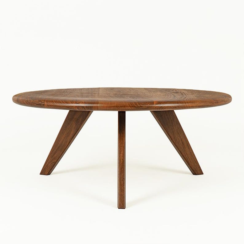 Round Wood Walnut Coffee Table – Handmade Solid Wooden Japandi Mid Century Living Room Table image 9