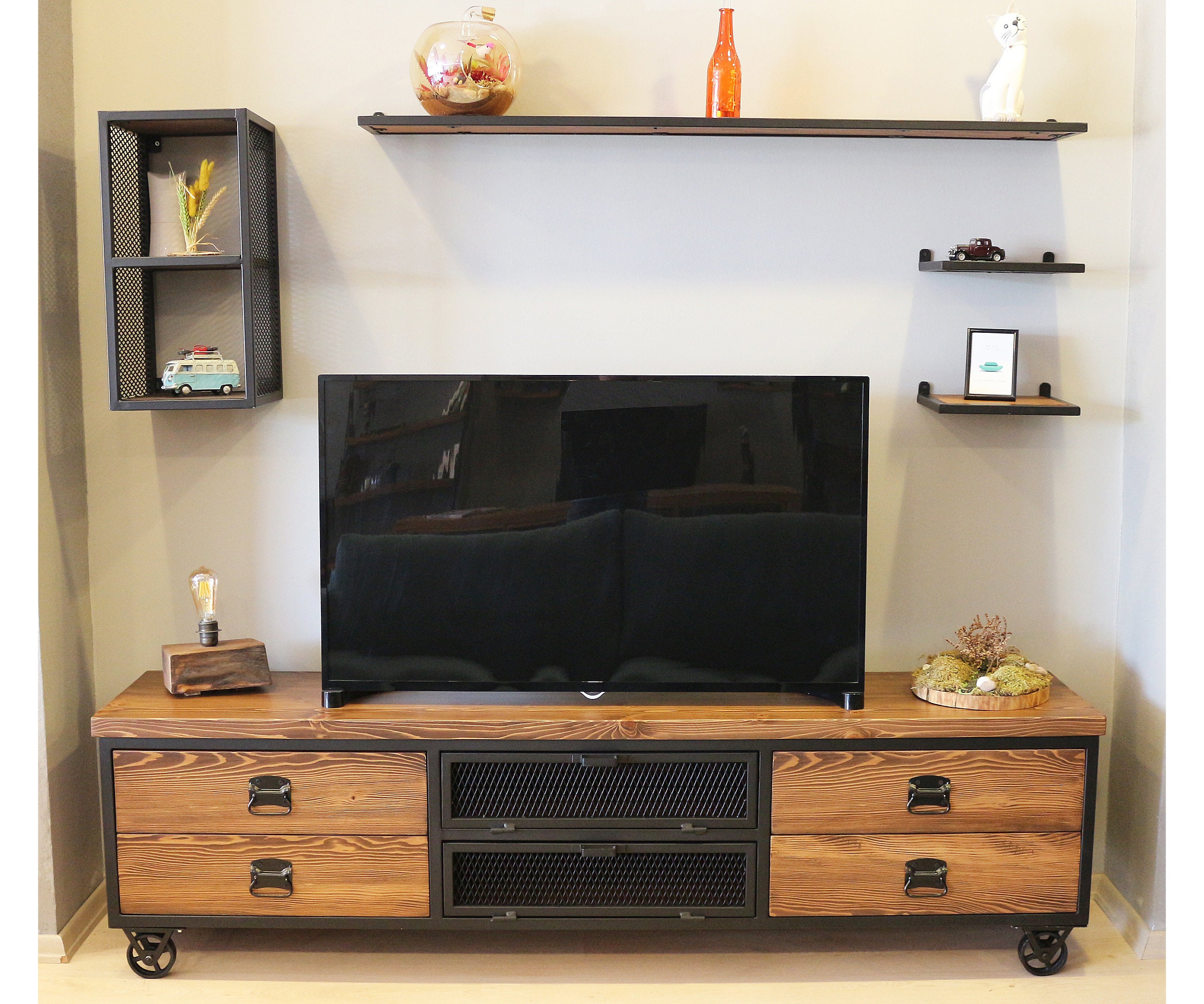Solid Wood and Metal Tv Stand urban Natural Wooden and Steel Media Console Industrial Style Tv Unit Loft Style Entartainment Center Etsy