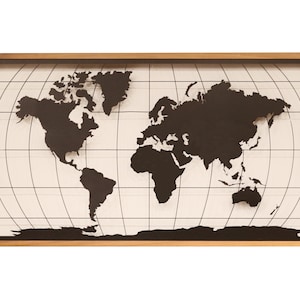 Decoratieve wereldkaartposter / Metalen wanddecoratie met houten lijst / Lasergesneden metalen muurkunst / Wanddecoratie metaal en hout