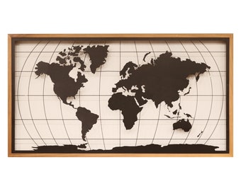 Decorative World Map Poster / Metal Wall Decor with Wood Frame  / Laser Cut Metal Wall Art / Metal and Wood Wall Hanging