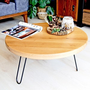 Solid Oak Wood Round Coffee Table , Farmhouse Modern Coffee Table , Rustic Round Oak Coffee Table