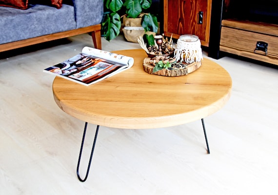 Tavolino rotondo in legno massello di quercia, tavolino moderno da