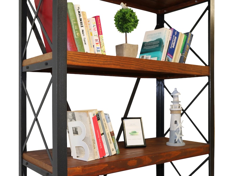 Industrial Wood Bookshelf Cross / Solid Wood Shelf and Metal Etsy