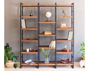 Modern Bookshelf and Shelving Unit , Solid Wood Bookcase with Metal Racks , Large Farmhouse Wall Unit