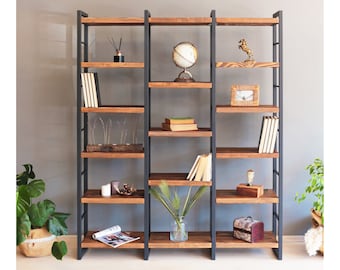 Modern Bookshelf and Shelving Unit , Solid Wood Bookcase with Metal Racks , Large Farmhouse Wall Unit