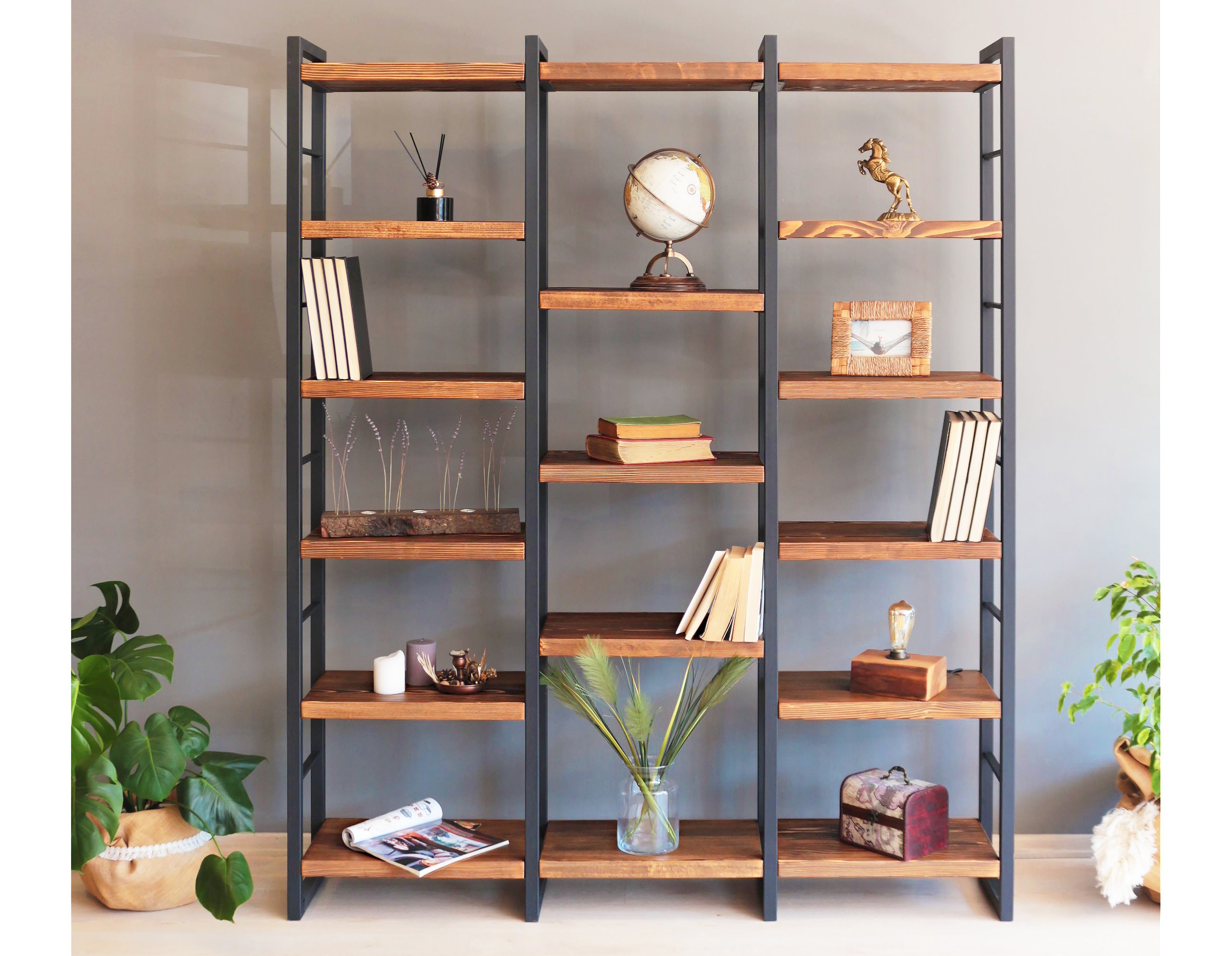 Solid wood and metal cheap bookcase