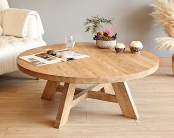 Round Wood Coffee Table , Rustic Wooden Living Room Table , Reclaimed Coffee Tables , Farmhouse Sofa Table