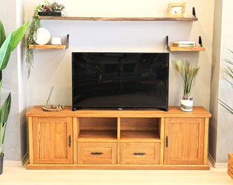 Farmhouse Tv Stand- Artemis , Solid Wood Tv Unit with Cabinet and Drawers , Rustic Design Entartainment Center