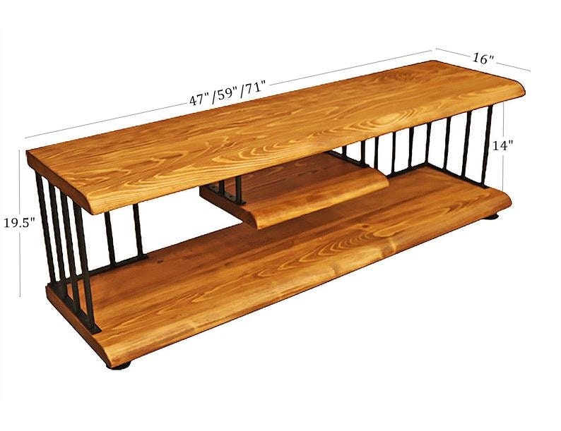 May include: A wooden TV stand with a black metal frame. The stand has two shelves and measures 47 inches, 59 inches, or 71 inches long, 16 inches wide, and 19.5 inches high.
