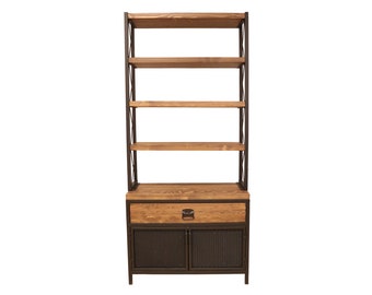 Bookshelf With Doors and Drawers - Urban / Solid Wood and Metal Bookcase / Loft Style Wooden Bookshelves / Functional Book Storage