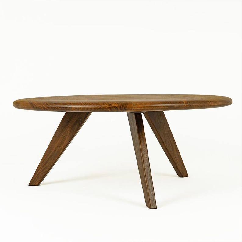 Round Wood Walnut Coffee Table – Handmade Solid Wooden Japandi Mid Century Living Room Table image 3