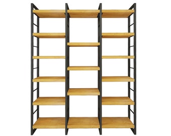 Industrial Design Bookshelf - Rhythm , Solid Wood Bookcase with Metal Racks ,  Wide Library and Shelving Unit