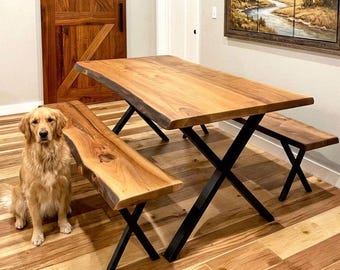 Live Edge Walnut Dining Table , Modern Farmhouse Solid Wood Kitchen Table
