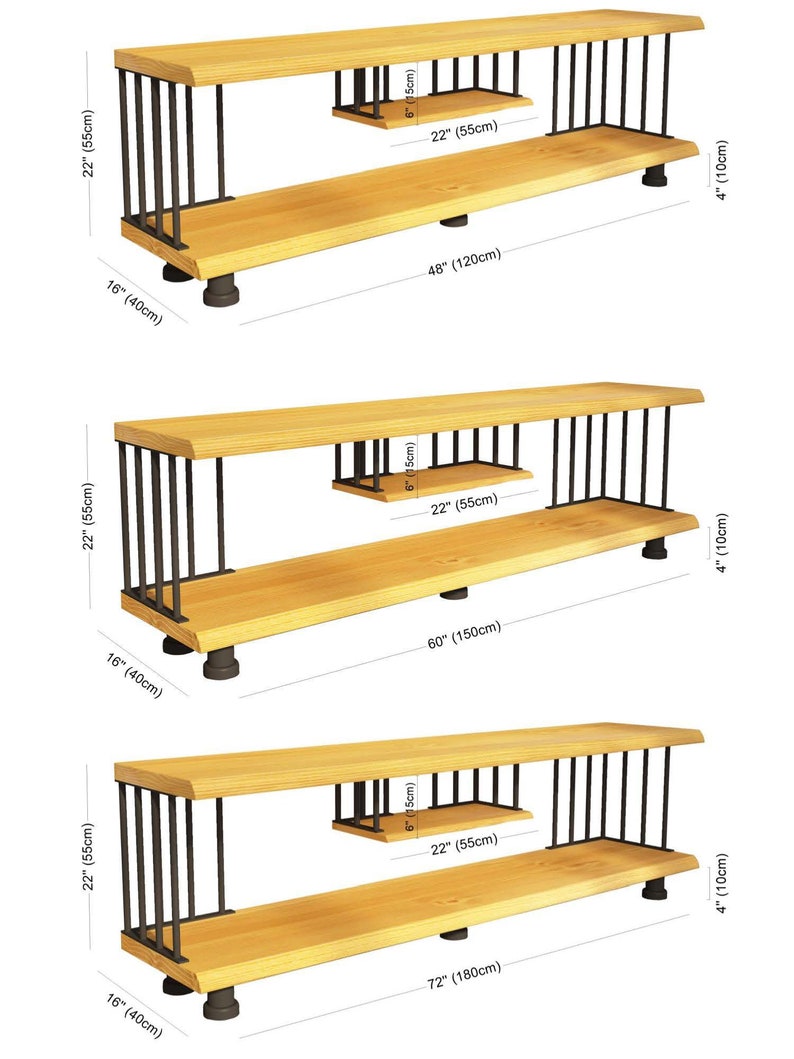May include: Three wooden shelves with black metal frames. The shelves are 22 inches wide and 4 inches tall. The shelves are 48, 60, and 72 inches long.
