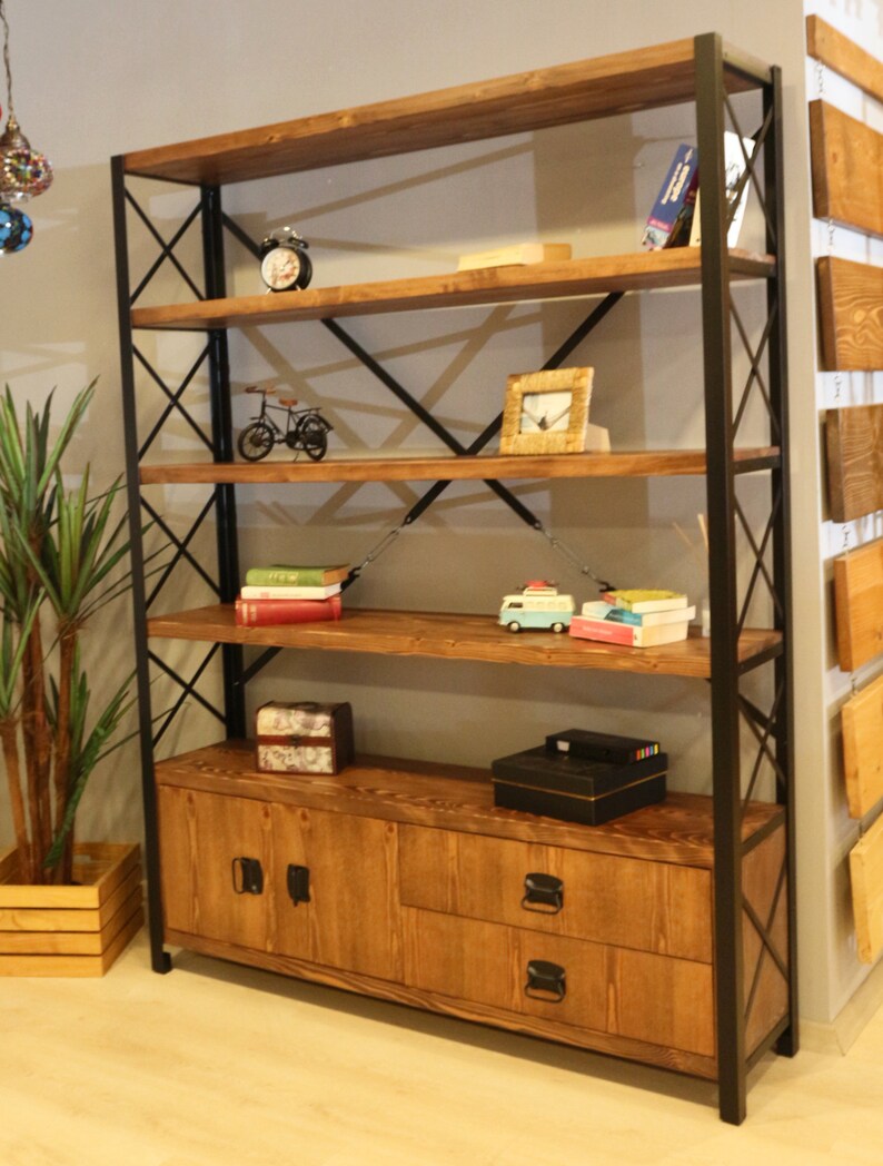 Industrial Bookcase With Doors and Drawers Cross X / Wooden Etsy