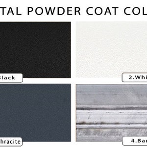 K&ouml;nnte beinhalten: Vier Farbmuster, die verschiedene Pulverbeschichtungsfarben f&uuml;r Metall zeigen. Die Farben sind Schwarz, Wei&szlig;, Anthrazit und blank.