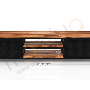May include: A black metal TV stand with two open shelves and two cabinet doors with wire mesh fronts. The top is made of wood and measures 59 inches, 71 inches, or 79 inches in length. The stand is 21.5 inches tall, 16 inches deep, and 3 inches wide.