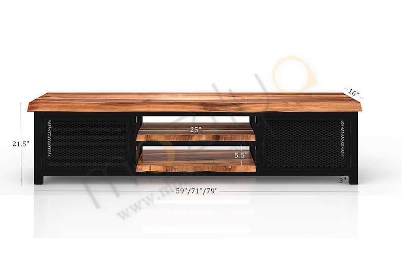 May include: A black metal TV stand with two open shelves and two cabinet doors with wire mesh fronts. The top is made of wood and measures 59 inches, 71 inches, or 79 inches in length. The stand is 21.5 inches tall, 16 inches deep, and 3 inches wide.